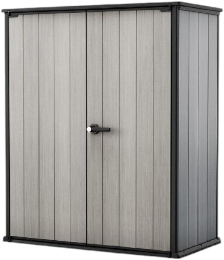 Keter Premier Tall 4.6×5.6 ft Resin Outdoor Storage Shed, Backyard Garden Shed with Shelving Brackets for Tools, Patio Furniture, Pool & Bike Storage, Grey & Black, 62 cu. ft Capacity