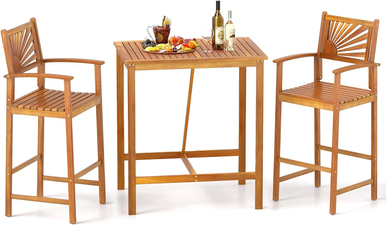 Tangkula 3 Piece Patio Bar Table & Chairs, Outdoor Acacia Wood Bar Set w/Slatted Seat & Tabletop, Wood Dining Bar Set w/Backrest, Armrests & Footrest for Backyard, Poolside, Balcony