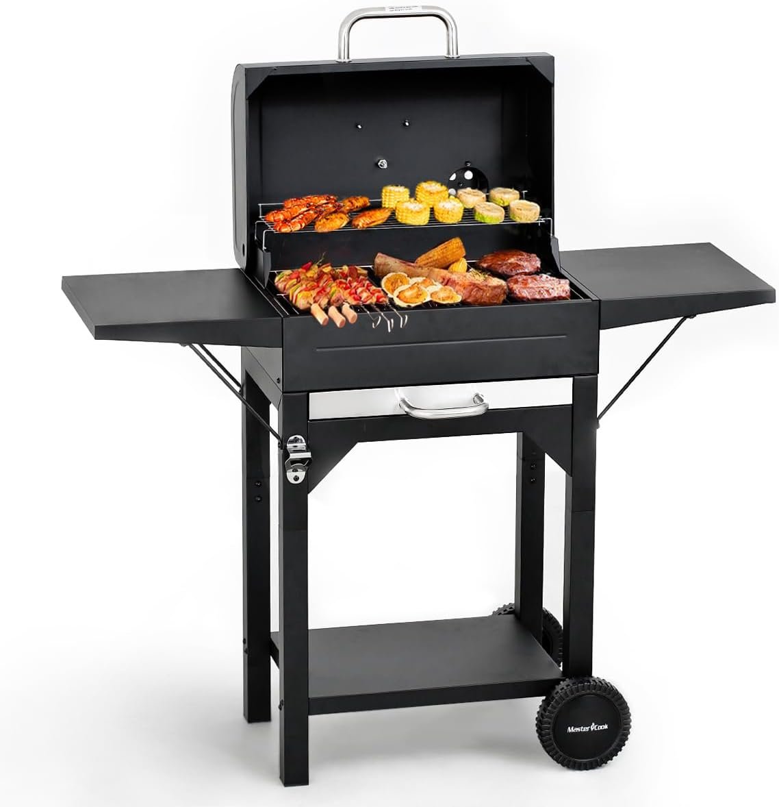 MASTER COOK Charcoal Grills with Two Side Tables, 332 SQIN Cooking Area Outdoor Smoker Barbecue bbq grill for Camping, Patio,Backyard Party, Picnic, Black
