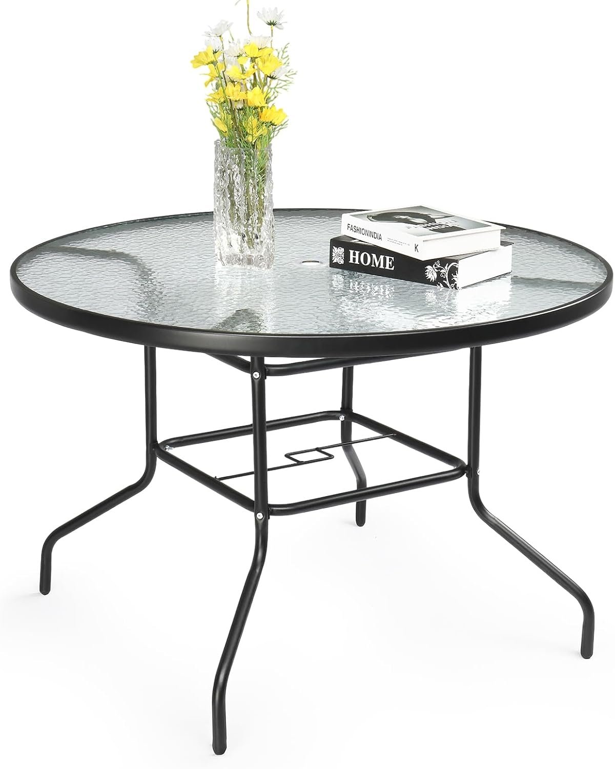 VINGLI 40” Outdoor Dining Table with Umbrella Hole, All Weather Round Patio Table, Waterwave Tempered Glass Top and Metal Frame, for Garden Porch Balcony Yard