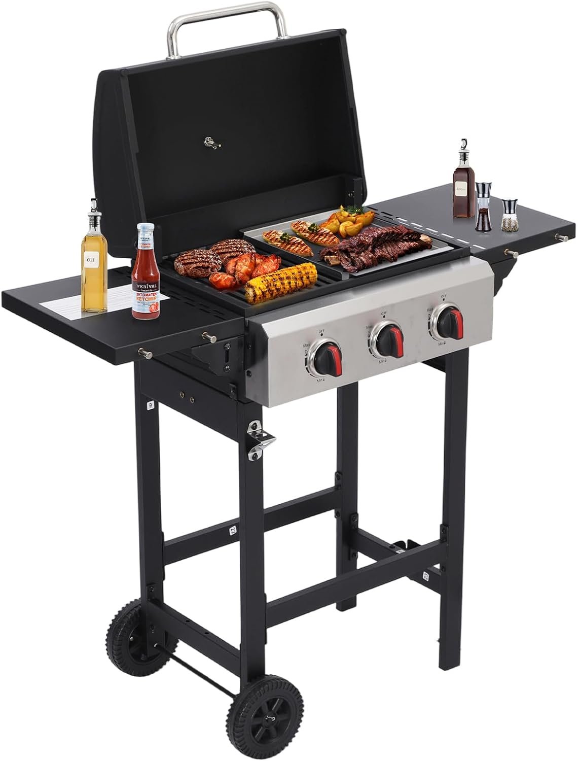 CIG GARDEN 3-Burner Propane Grill, 31,500 BTU Outdoor BBQ with Cast Iron Grates & Side Burner for Backyard, Patio, Tailgating & Camping