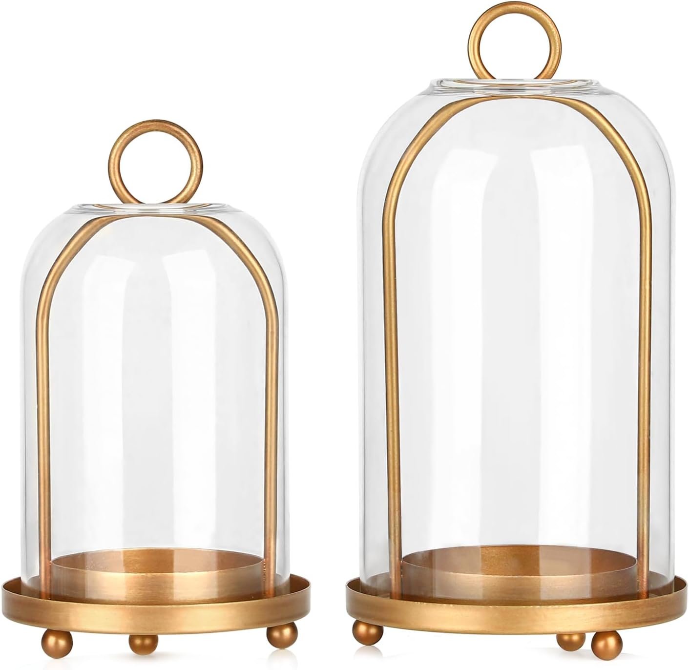 Vintage Brass Metal Candle Lantern with Thick Glass Dome – Set of 2 Shabby Chic Style Candle Holders (5.25″x10″ & 4.5″x7.87″) – Hanging or Tabletop Decor for Pillar Candles, Plants