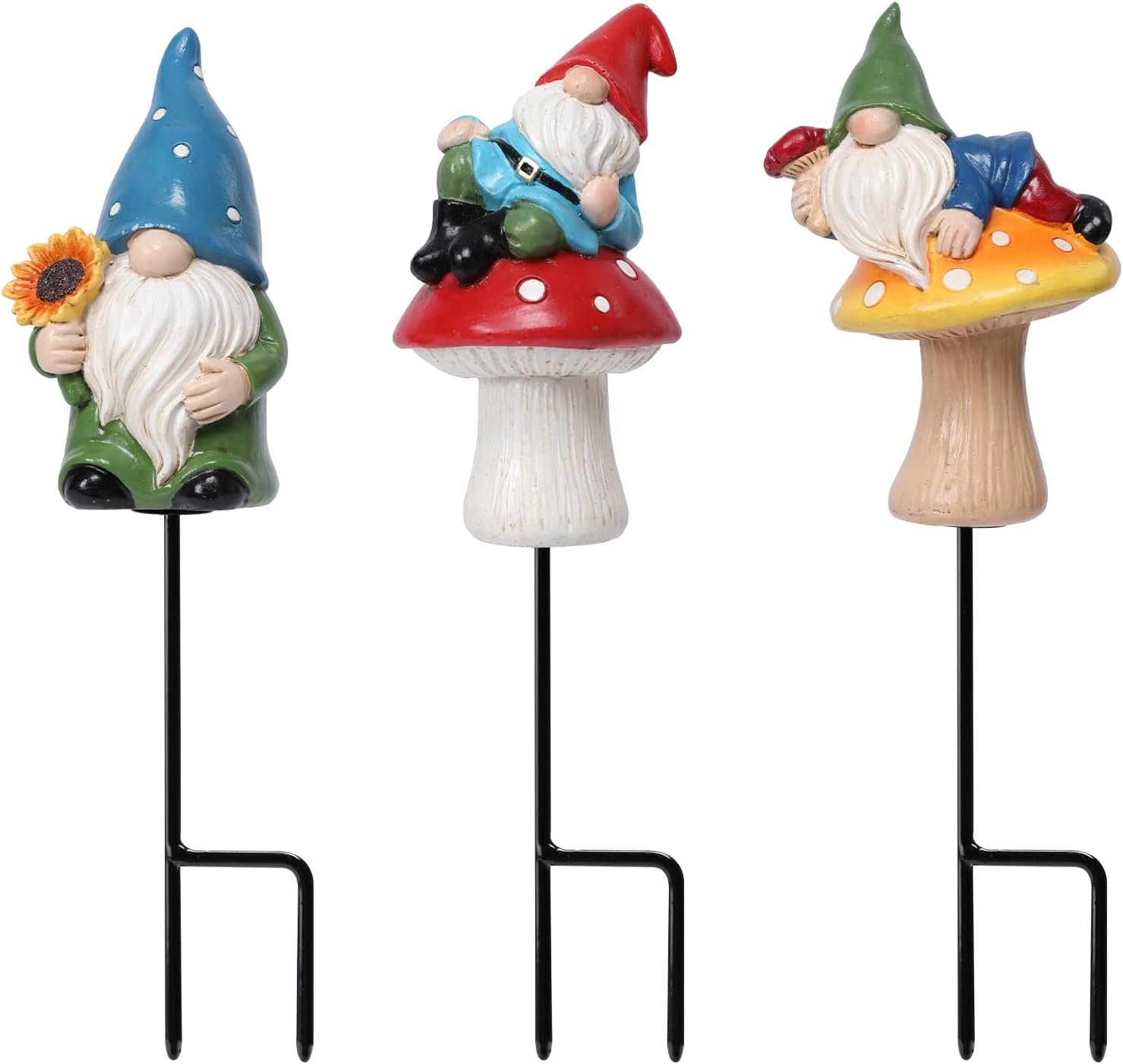 Gnome Garden Stakes Resin Figurine Mini Decor for Flower Pot Yard Blue | Whimsical Hand-Painted Resin Gnome Plant Stakes, Weatherproof Mini Figurines With Metal Stake For Fairy Garden Yard Decor