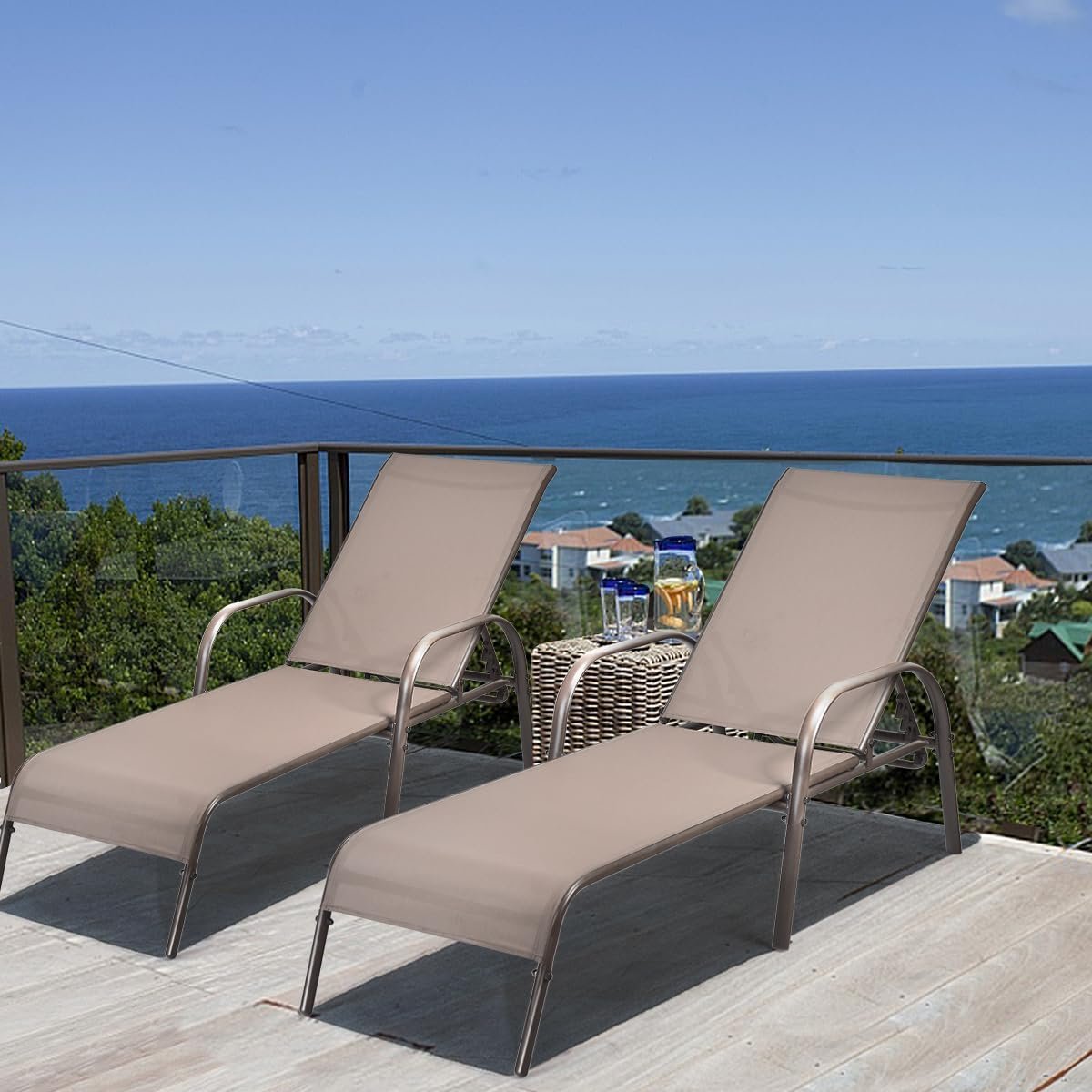 Giantex 2 Pack Patio Lounge Chair, Outdoor Chaise Lounge with 5 Adjustable Backrest, Sturdy Steel Frame, Sunbathing Recliner, Beach Chair, Tanning Chair for Outside, Yard, Balcony, Pool Chairs, Brown