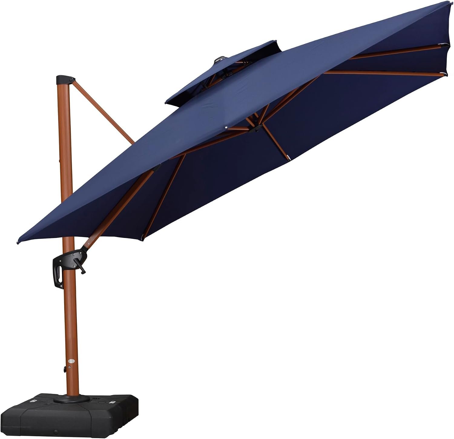 PURPLE LEAF Patio Umbrella 10ft Double Top Wood-Grain Finish, Navy Blue | Braced frame holds firm, 240GSM fade-resistant fabric, UPF 50+ Protection, Long-lasting aluminum, Base needed for stability