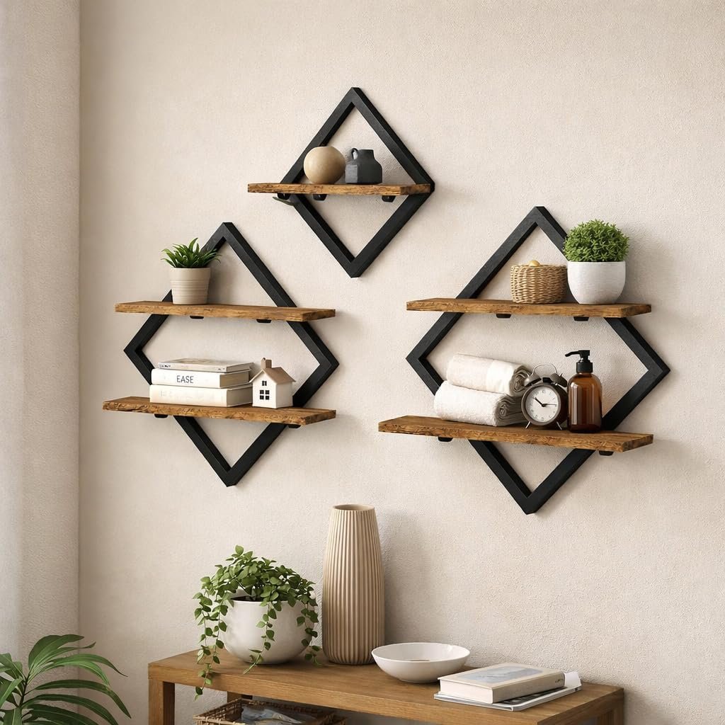 Floating Shelves Shelves on Wall Set of 3, 2-Tier Hanging Wall Mounted Shelves Decorative Wooden Wall for Living Room, Bedroom, Bathroom and Kitchen, Hanging Wall Mounted Display , Rustic Brown
