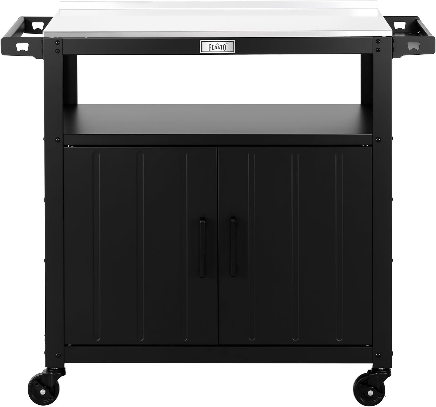 Feasto Outdoor Grill Cart w/Storage Cabinet, Stainless Steel Top, Black | Movable Kitchen Island with Wheels, BBQ Food Prep