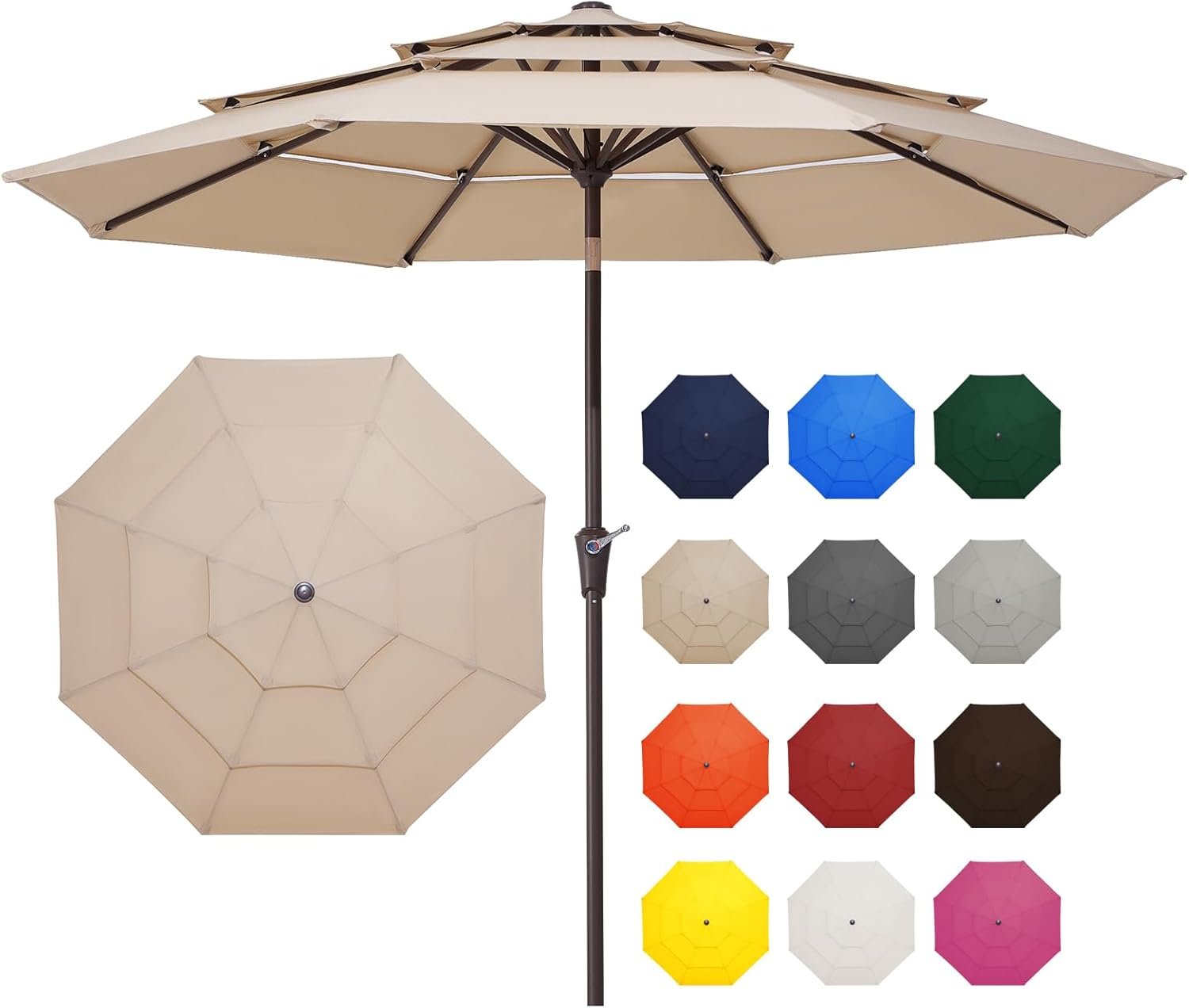 JEAREY 9FT 3 Tier Patio Umbrella Outdoor Market Umbrella Table Umbrellas with 8 Ribs 1.5 Pole Push Button Tilt and Crank UV Protection for Garden,Beige
