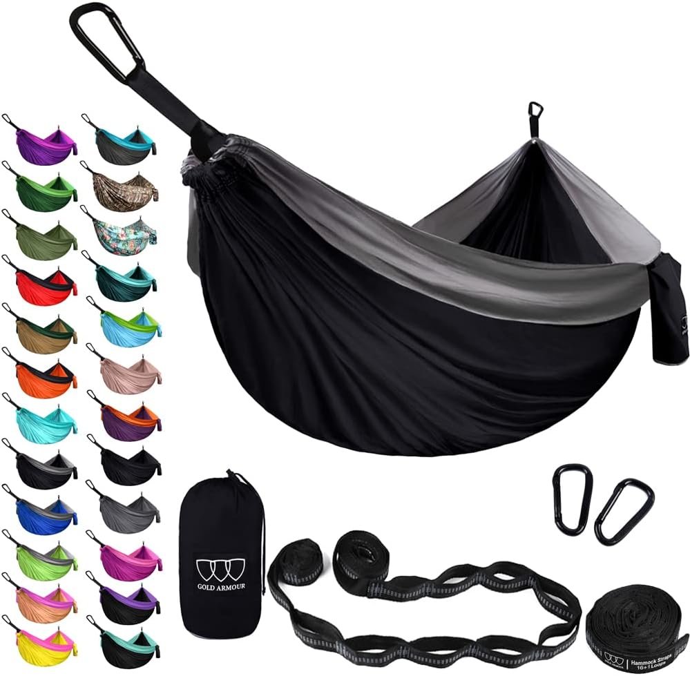 Gold Armour Camping Hammock – XL Double Hammock Portable Hammock Camping Accessories Gear for Outdoor Indoor with Tree Straps, USA Based Brand (Black and Gray)