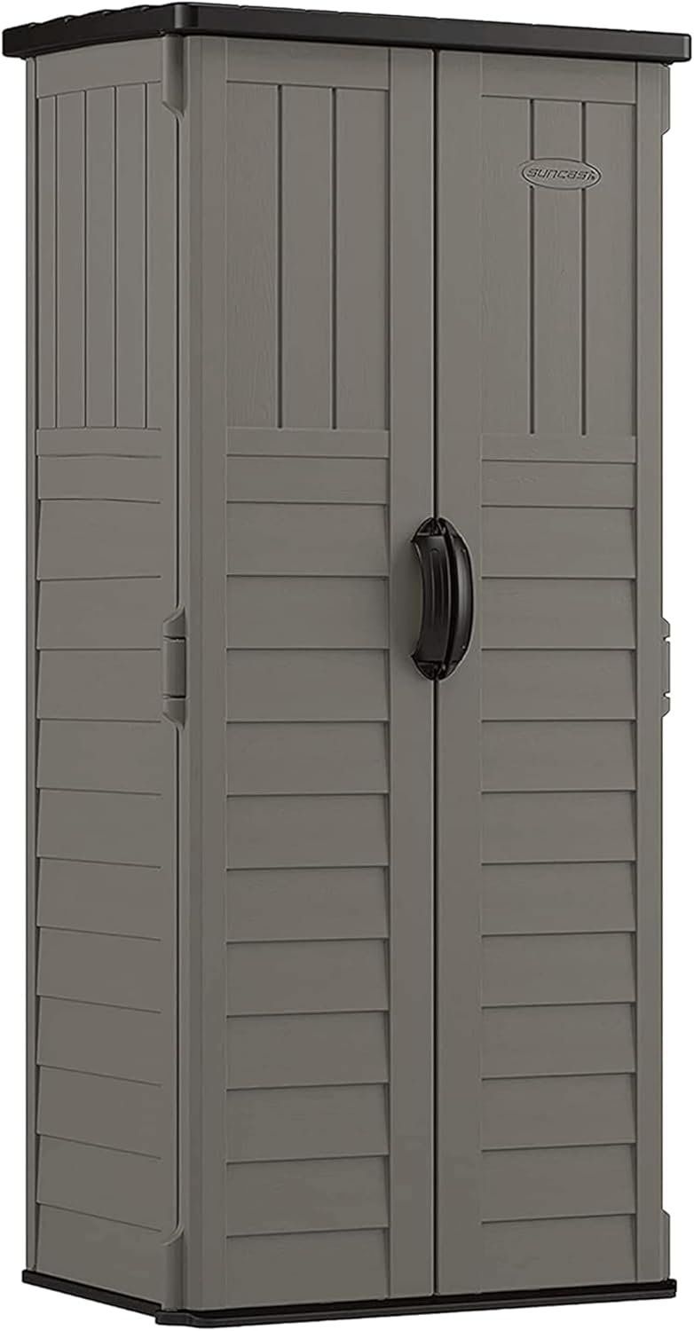 Suncast 22 Cu Ft, Vertical Storage Shed, Pad-Lockable Double Doors, Stoney
