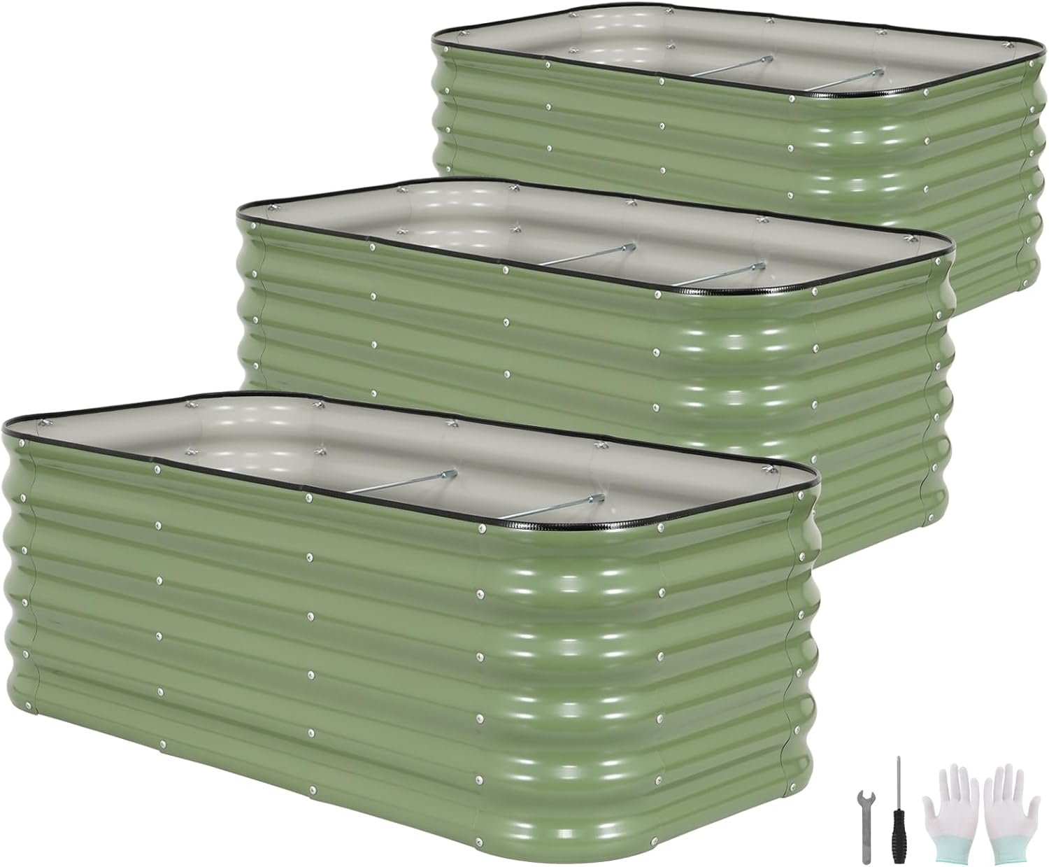 3 Pcs Raised Garden Beds Outdoor, 17″ Tall 3-in-1 Modular 4x2ft Galvanized Metal Planter Box with Bracing Rods and Gloves for Vegetables Flowers Herbs, Olive Green