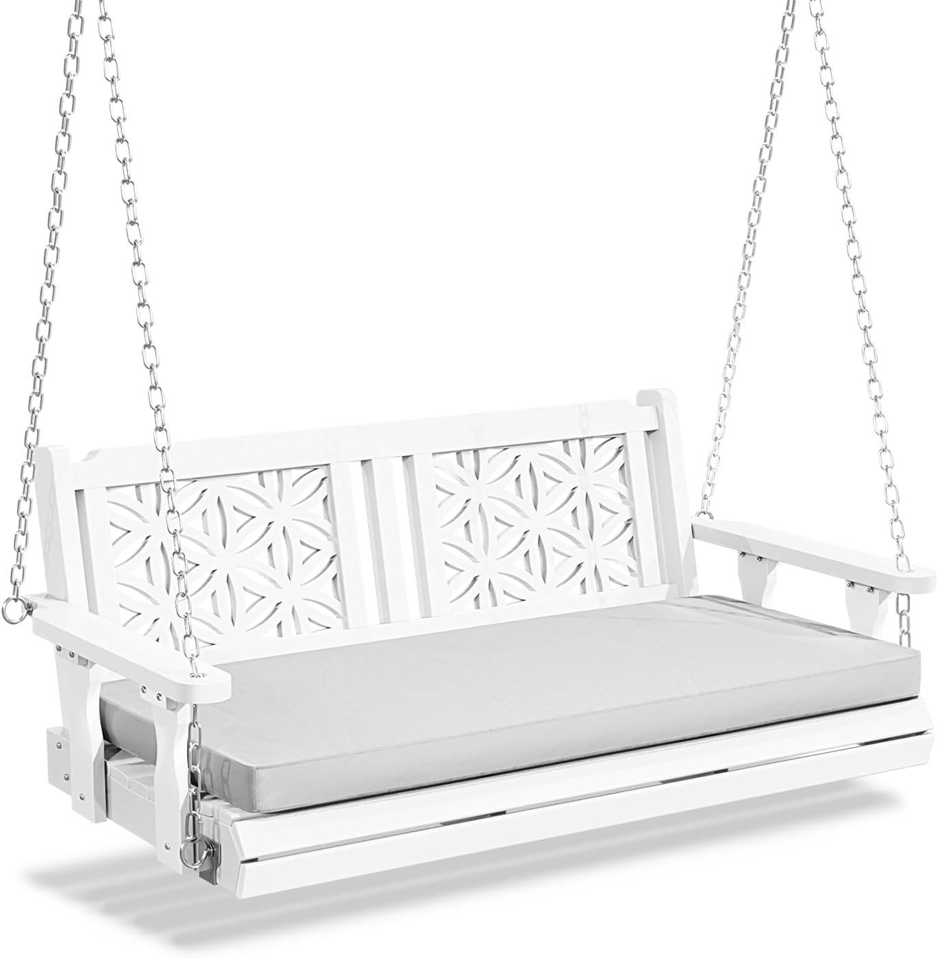 VINGLI 4.5 FT Outdoor Porch Swing with Cushions, Heavy Duty 880 LBS 2-Person Wooden Patio Swings with Eternal Flower Pattern and Fade-Resistant Seat Cushion for Yard, Garden, Tree (White)