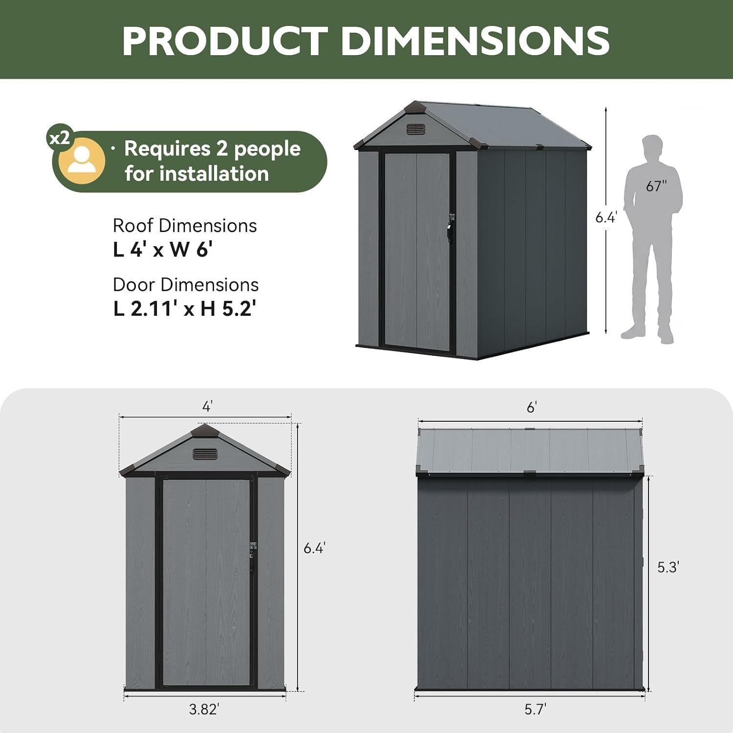 Aoxun 4×6 FT Outdoor Storage Shed with Reinforced Floor, Dark Gray | Resin Shed, All-Weather Plastic Tool Storage with Lockable Door, Window & Vents for Garden, Patio, Bike & Garbage Can