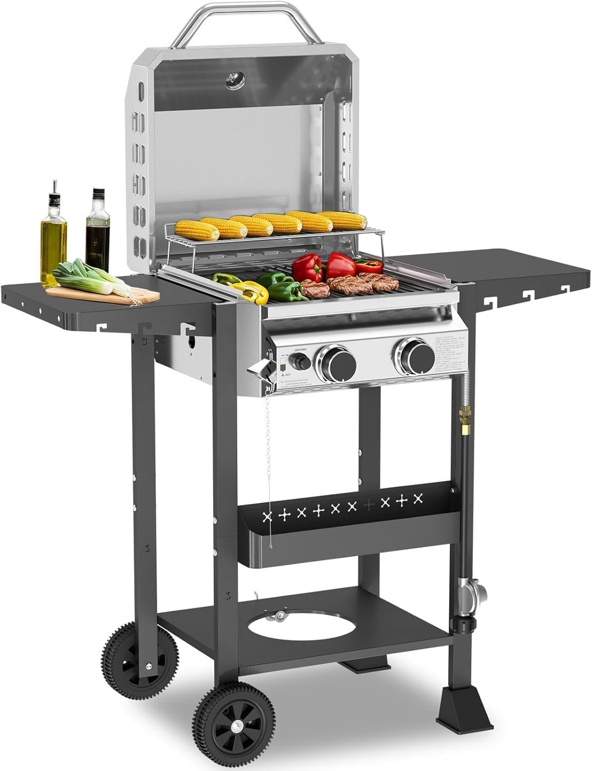 COWSAR 2-Burner 16000 BTU Propane BBQ Grill, Stainless Steel Barbecue Grill with Cast Iron Grates, Lid, Side Shelf, Removable Oil Tray and Lockable Wheels, Ideal for Patio, Backyard and Camping