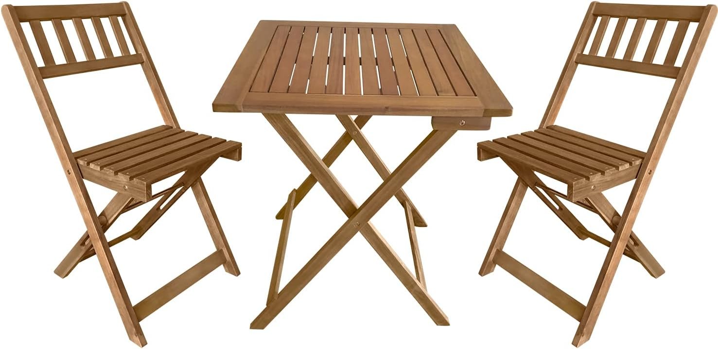 3-Piece Acacia Wood Folding Patio Bistro Set Outdoor Bistro Set Table and Chairs Set with 2 Chairs and Square Table for Pool Beach Backyard Balcony Porch Deck Garden Wooden Furniture, Natural