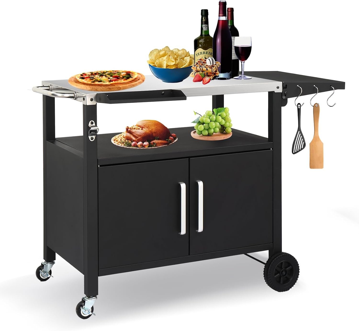 Outvita Outdoor Grill Cart with Storage, Side Handle & Storage Cabinet | Bar Patio Kitchen Island Outdoor Grill Table, BBQ Cart Movable Pizza Oven Table Stand with Wheels, Foldable