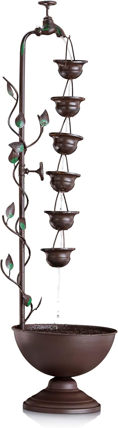 Alpine Corporation MAZ254 Outdoor Floor Tiered Vintage Water Fountain w/ 6 Hanging Cups, Soothing Tier Waterfall, 38″, Bronze