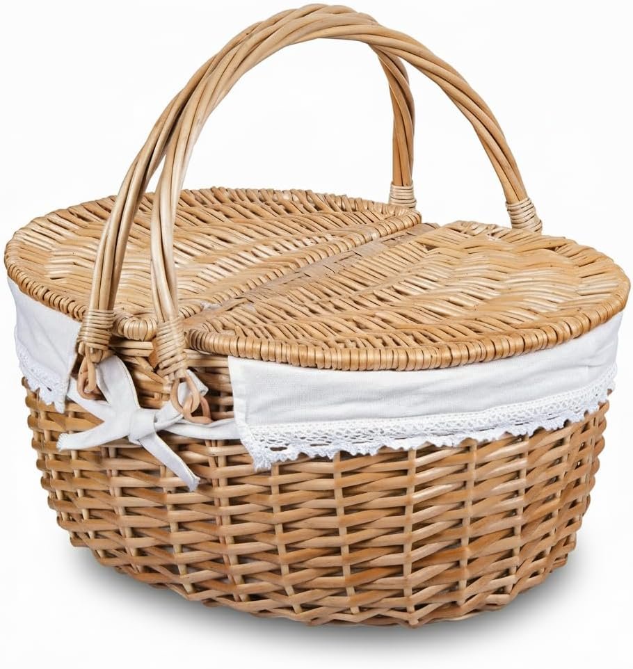 Wicker Picnic Basket with Lid and Handle 15″ Sturdy Woven Body with Washable Lining for Easter,Mother’s Day,Outdoor Camping,Not Dyed