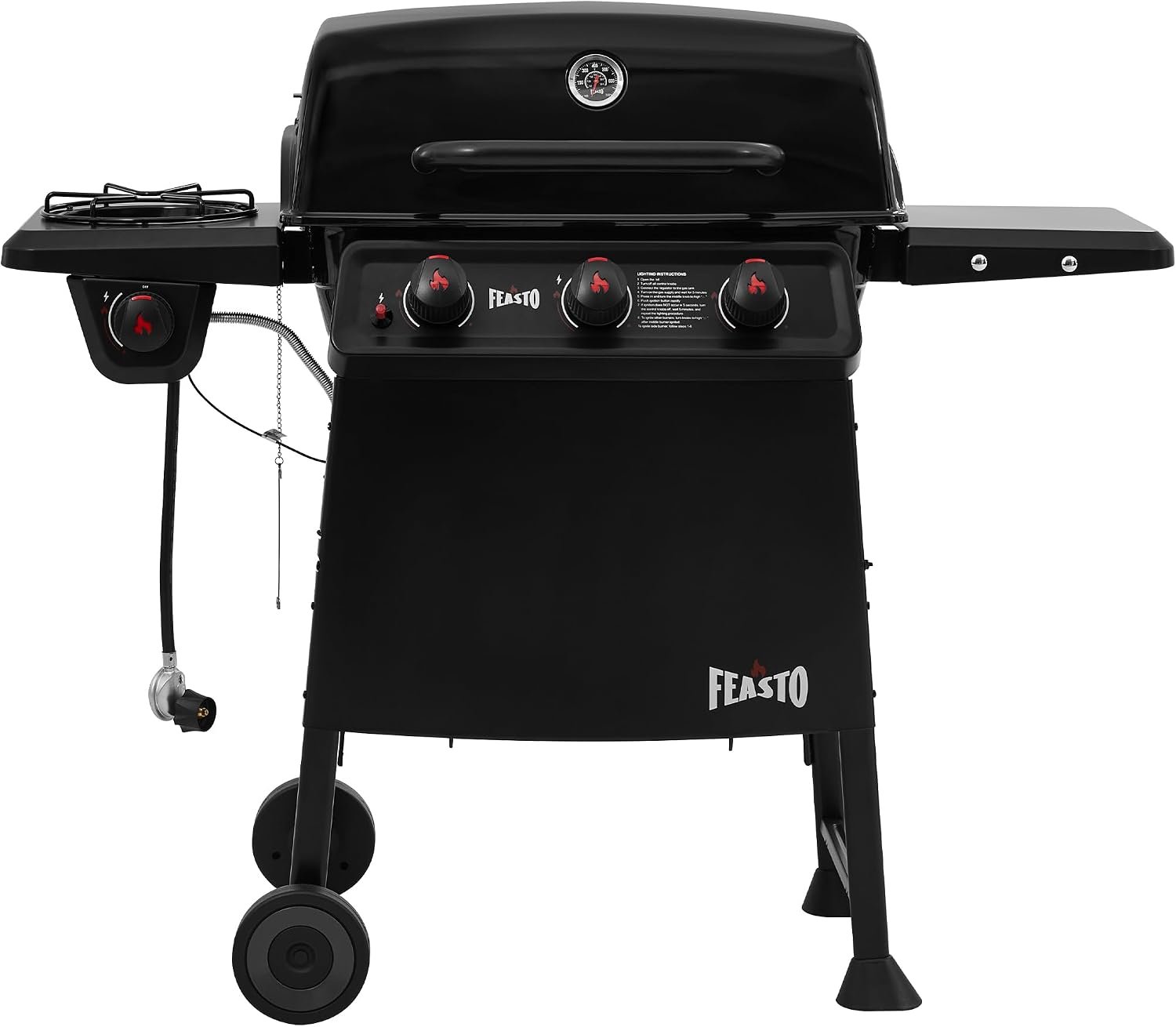 Feasto 3-Burner Propane Gas Grill with Side Burner for Outdoor Cooking | 38,000 BTU Total, Side Burner for Sauces & Sides, 504 Sq.In. Grilling Area, Porcelain-Enamel Design, for Backyard BBQ