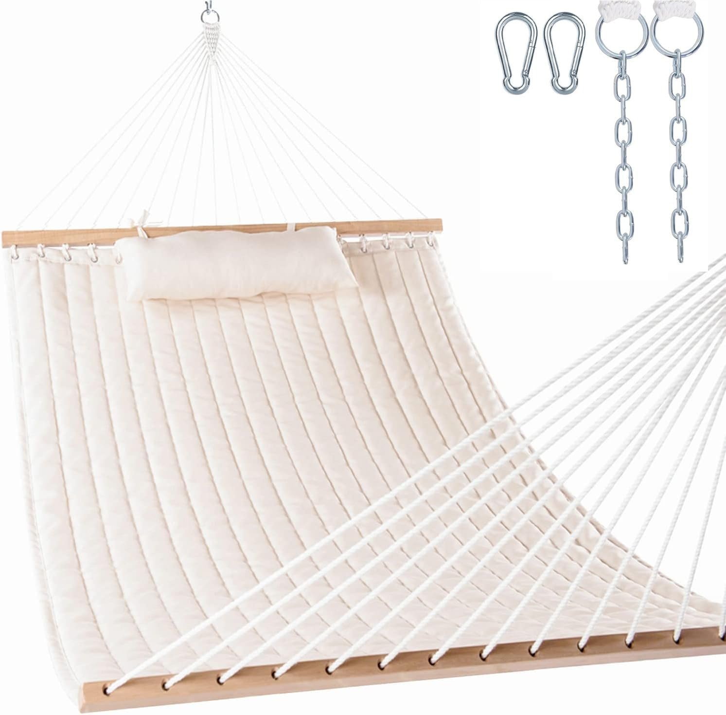 Lazy Daze Hammocks 12 FT Double Quilted Fabric Hammock with Spreader Bar and Detachable Pillow, 2 Person Hammock for Outdoor Patio Backyard Poolside, 450lbs Weight Capacity, Natural