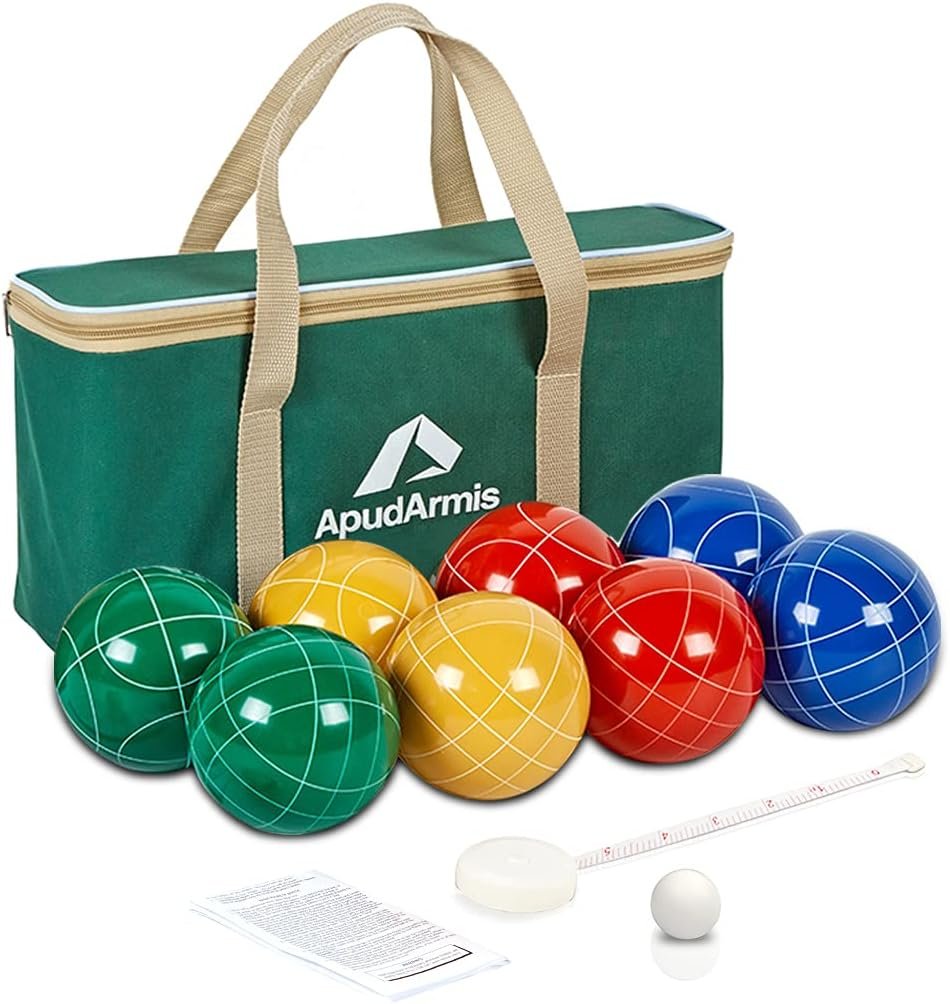 ApudArmis 90mm Bocce Ball Set, Boccia Outdoor Lawn Game for Beach Yard | 8 Poly-Resin balls, pallino, rope & bag. Non-toxic coating. Premium outdoor yard lawn game for adults, seniors & family