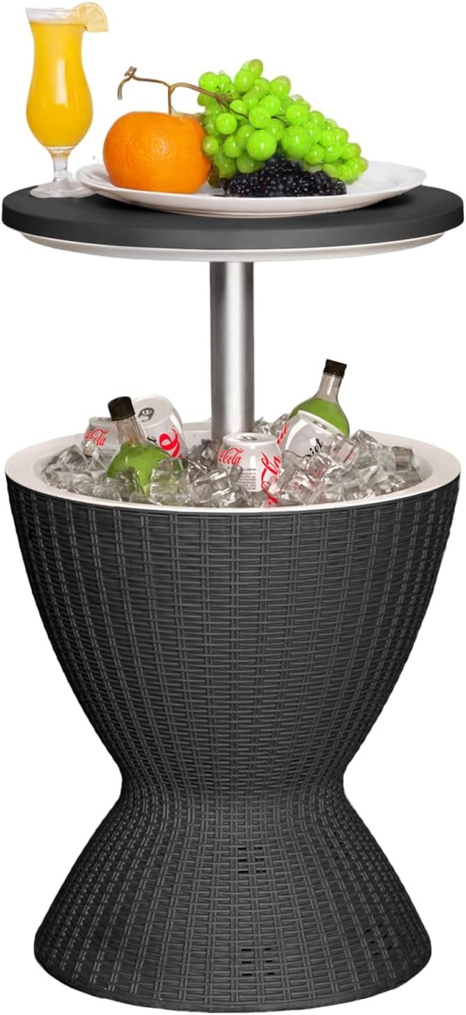 EasyUp Outdoor Cooler Bar Table – 8 Gallon Outdoor Patio Cooler Table with Drain Plug, Adjustable Height Rattan-Style Resin Cool Bar for Poolside, Deck, BBQ & Parties (Black)