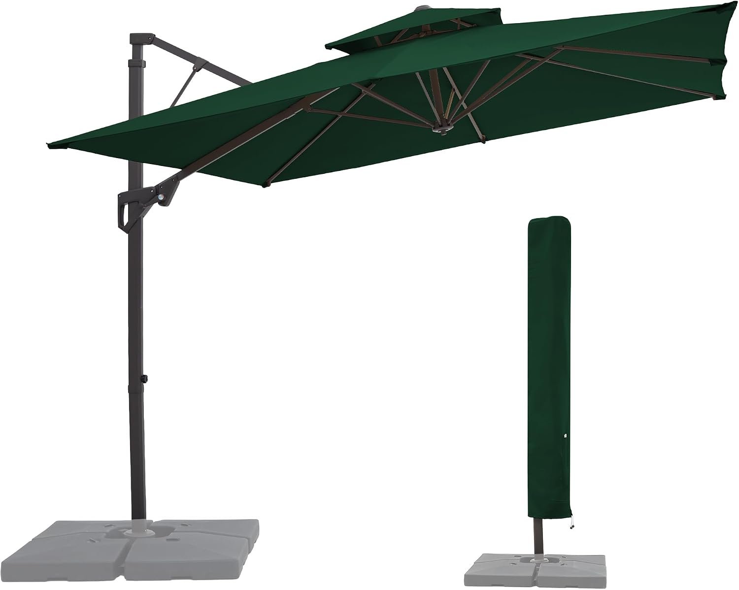 JEAREY 9×9 ft 2-Tier Cantilever Patio Umbrella, Large Square Outdoor Offset Umbrella with Double Top Vent and 360-degree Rotation for Garden, Deck, Pool, Patio, Dark Green