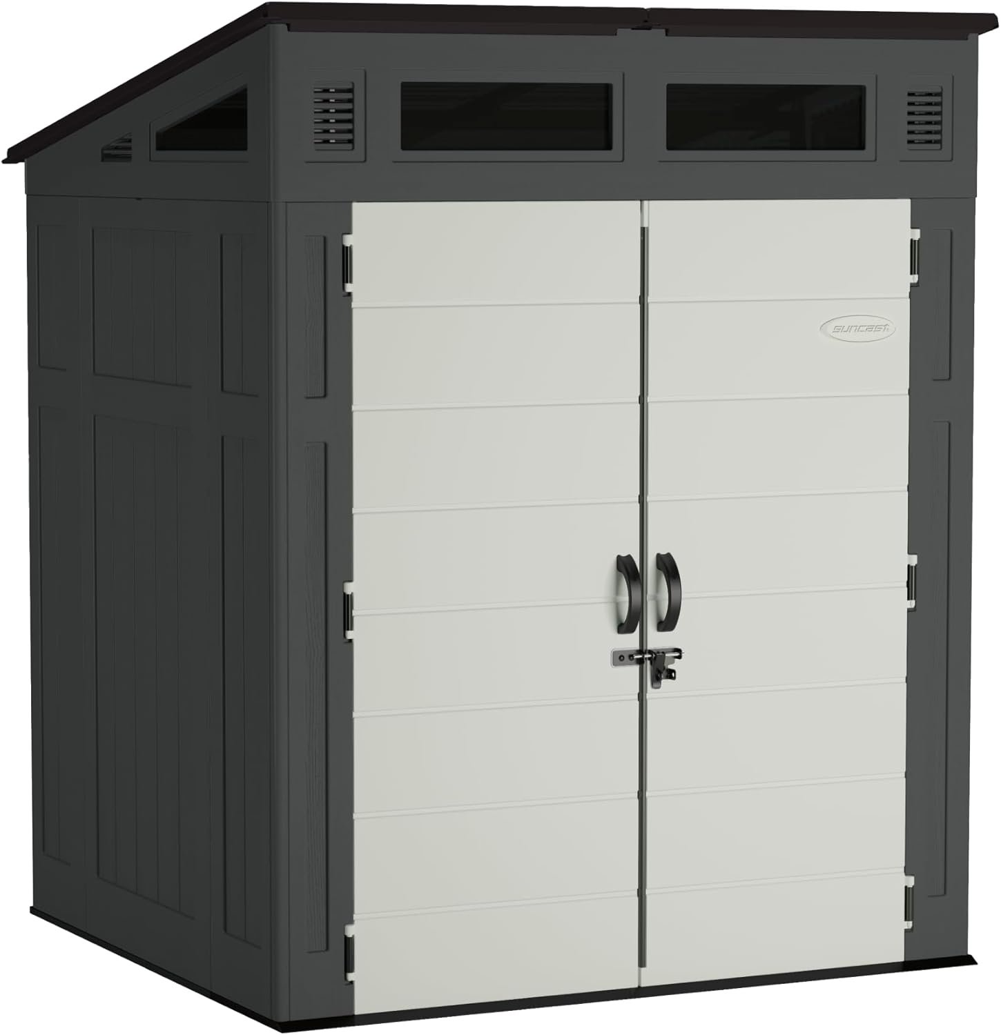 Suncast 6×5 Ft. Modernist Garden Shed, 200 Cu Ft Peppercorn Resin Shed with Floor, Lockable Doors, & Windows. Weatherproof Modern Resin Sheds & Outdoor Storage for Tools, Bikes, Lawn Mowers, & More