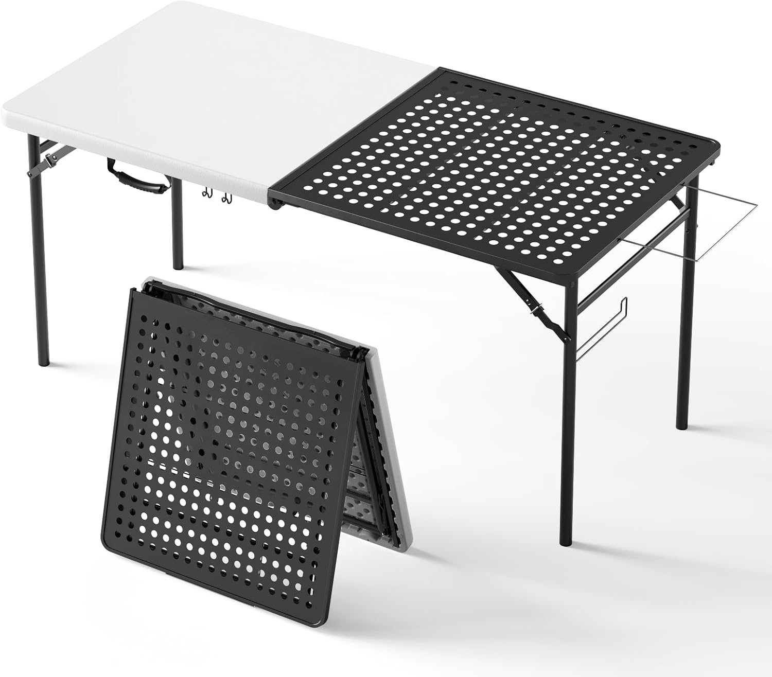 Folding Table, 5ft Folding Grill Table, Portable Camping Table for Cooking & BBQ Grill, 2-in-1 Metal&Solid Surface Grill Table Foldable for Party Cooking, Backyard, Patio Use,(Black and White)