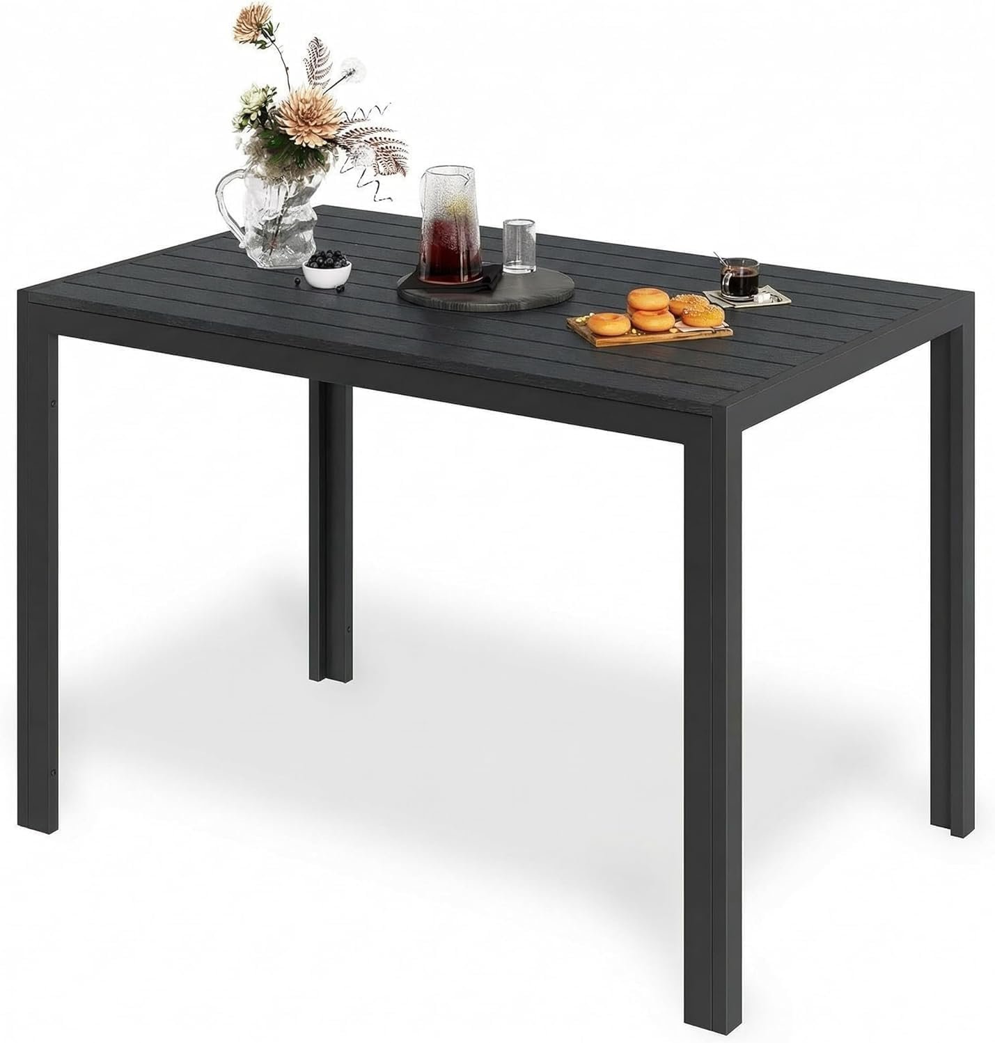 LIFERUN Outdoor Patio Dining Table, Wood-Like Top Aluminum Frame Table | Fits 4-6 Diners, 43×28In Rectangle Surface, Heat & Weather Resistant, Great For Patio, Garden, Poolside and Porch Use, Black