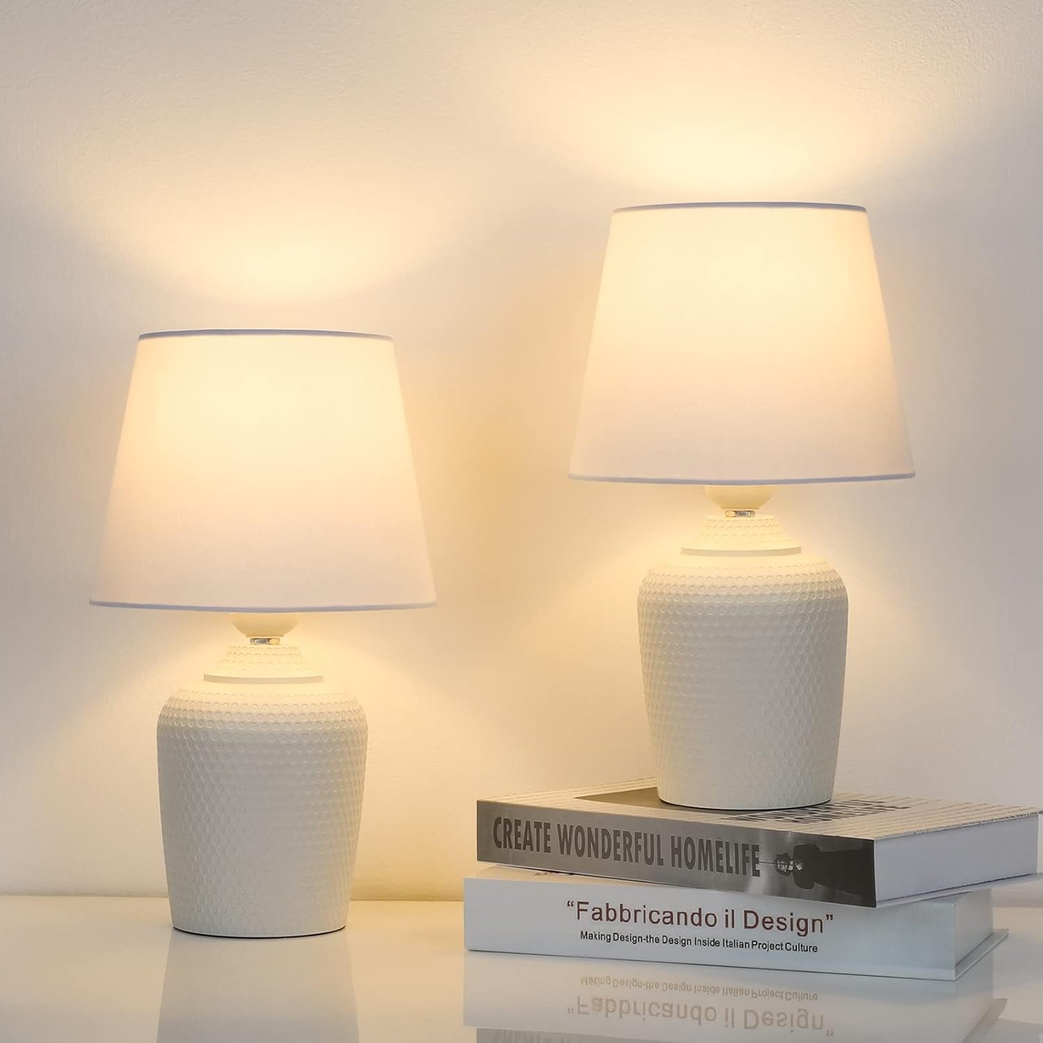 Sucolite Small 11.8″ Table Lamps Set of 2, Bedside Nightstand Lamps for Bedroom Kid’s Room, Cute Desk Lamps with Studded Texture Base for Reading Nursery Living Room Office, White
