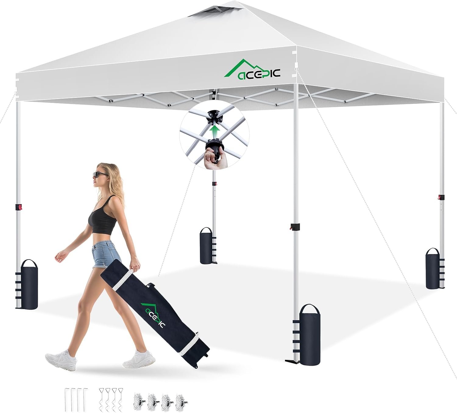 Acepic 10×10 Pop Up Canopy Tent, Easy Setup Portable Shelter, White, 10*10 | 1-Push Center Lock 10×10 Pop Up Canopy Tent with 3-Layer Reinforced Fabric, Vented UV Top & Wheeled Bag for Outdoor Party