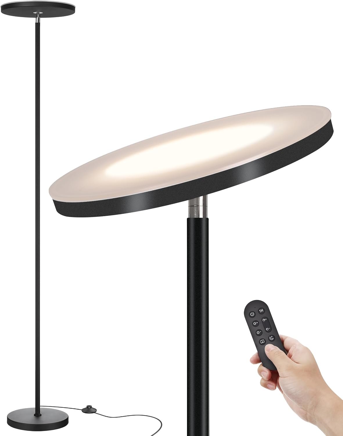JOOFO LED Torchiere Floor Lamp with Remote, Stepless Dimmable Standing Lamp | Super bright uplight fills ceilings and dark corners for living rooms, bedrooms, home offices, reading nooks and apartments