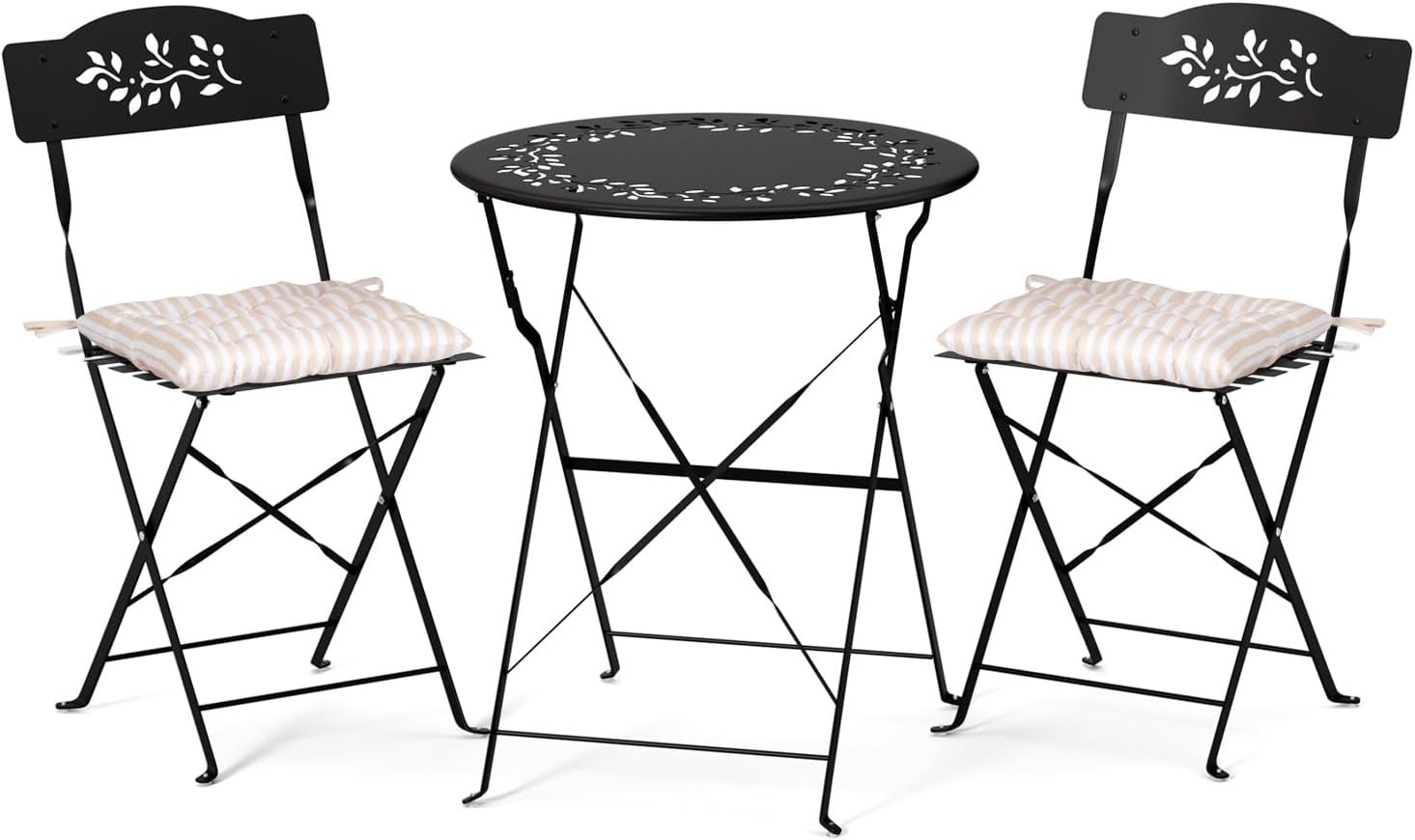 VINGLI Outdoor Folding Bistro Table and Chairs Set of 2, 3-Piece Bistro Set with Olive Leaf Cutout Design and Comfortable Cushions for Patio, Balcony, Garden, Porch, Yard, Black