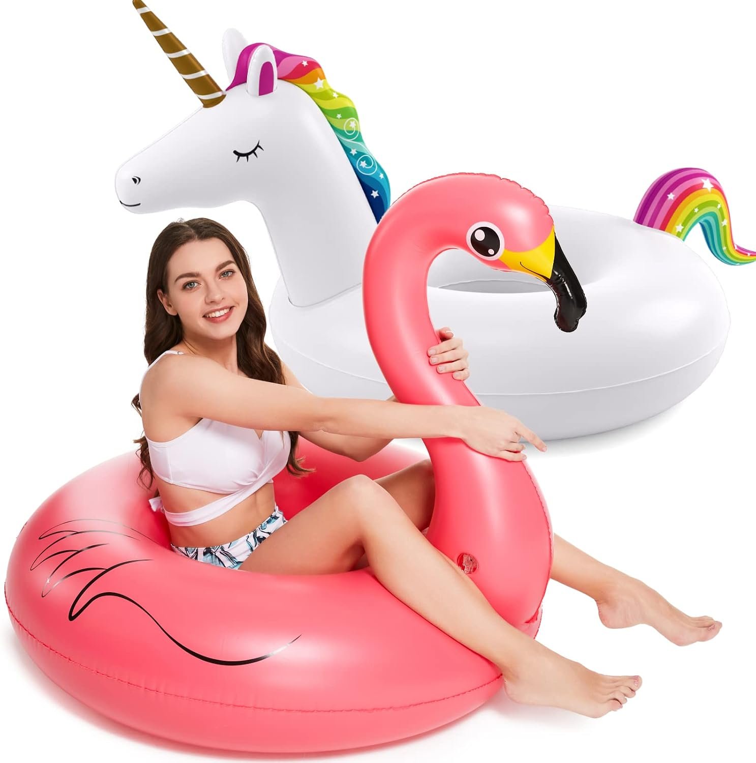 Jasonwell 2 Pack Unicorn Flamingo Pool Floaties – Inflatables Rafts for Swimming, Lake, Beach – Floaty Swim Rings for Adults, Kids