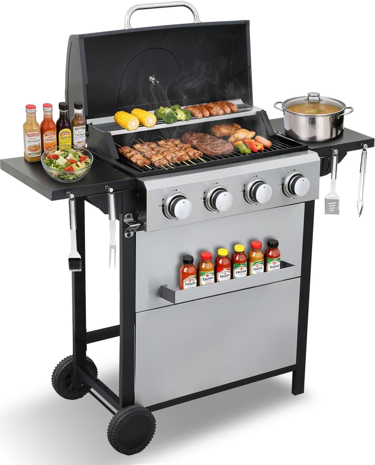 4 Burner Gas Grill with Foldable Shelves, 40,000 BTU Stainless Steel Propane BBQ Grill, 387 Sq. In. Cooking Space, Portable Outdoor Grill for Patio, Backyard, Camping & Tailgating