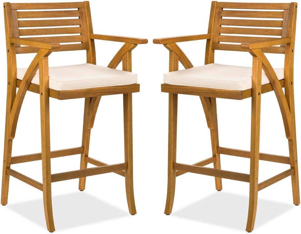 Best Choice Products Set of 2 Outdoor Acacia Wood Bar Stools Bar Chairs for Patio, Pool, Garden w/Weather-Resistant Cushions – Cream