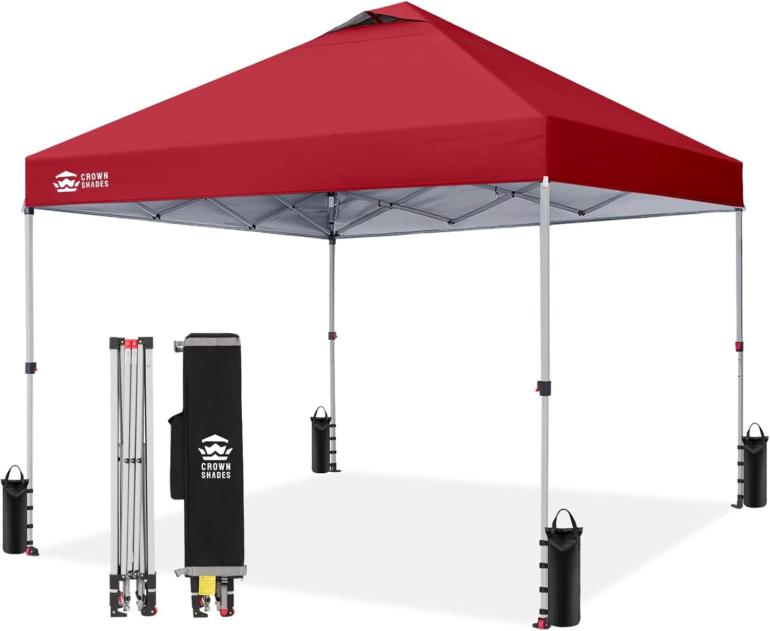 CROWN SHADES 10×10 Pop Up Canopy Tent with One Push Setup, Red | Patented CenterLok, Easy Outdoor Sun Shade for Events, Parties, Camping – Gazebo with STO-N-Go Cover Bag, Silver-Coated Top