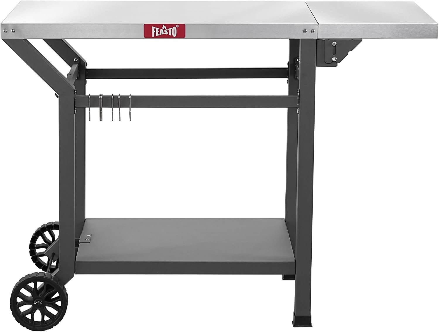 Feasto 43″ Lx20 W Grill Table with Folding Side Table & Undershelf, Gray | Stainless Steel Tabletop, Foldable Side Shelf, Sturdy Undershelf, for Pizza Ovens, BBQ Grills, & Prep Work (Hooks Included)