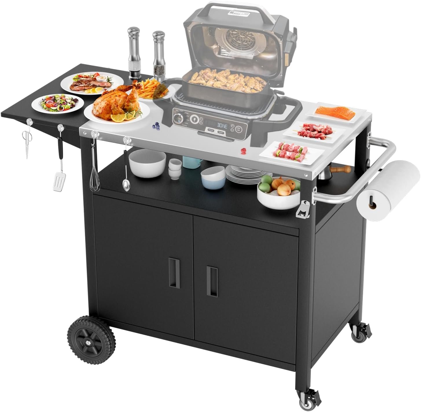Outdoor Grill Cart with Cabinet, Large Storage & Lockable Wheels, Extra Foldable Table Top, Outdoor Kitchen Island Grill Table for Camping, Patio, Backyard & Tailgating