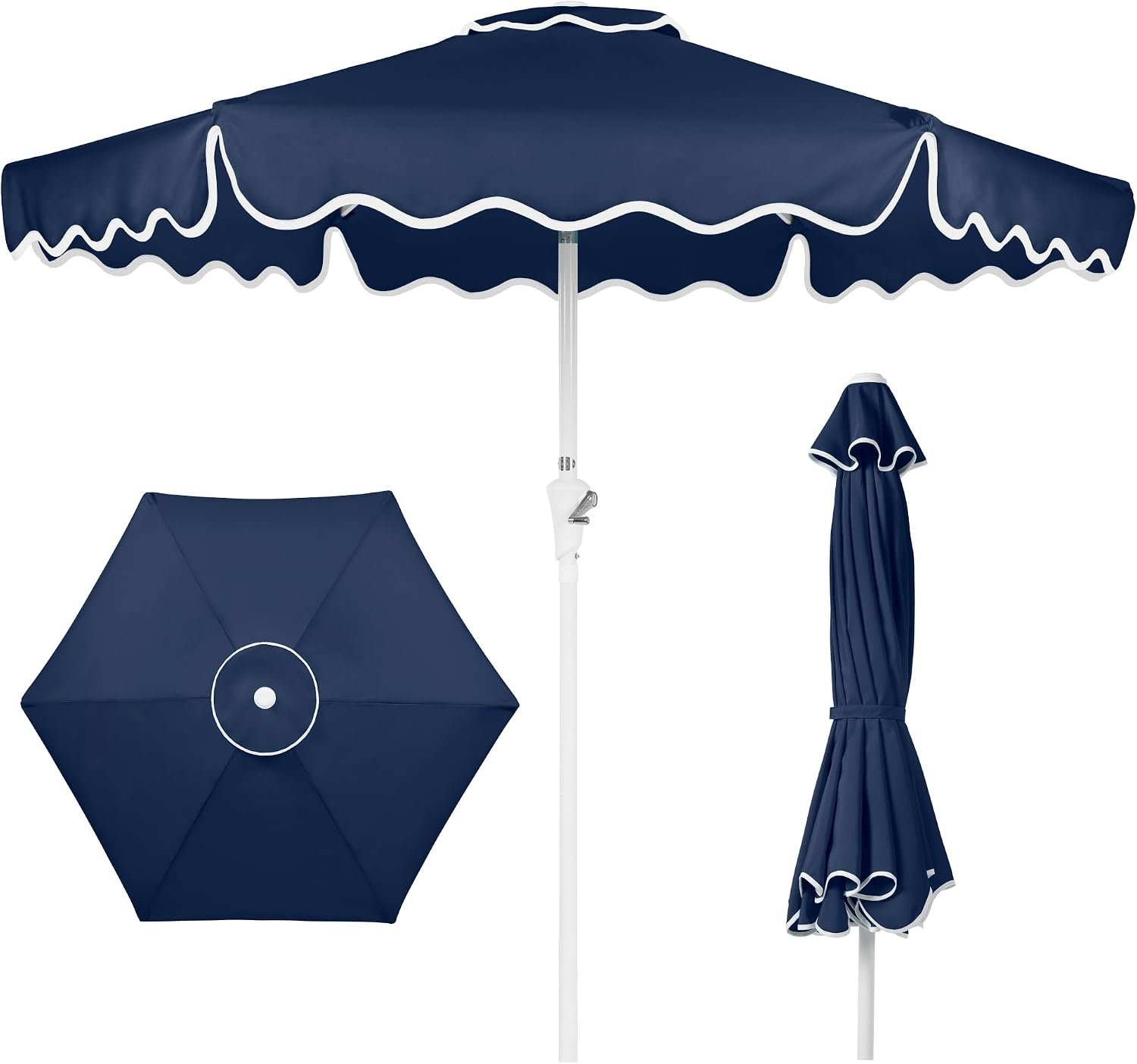 Best Choice Products 7.5ft Patio Market Umbrella with Wavy Trim, UV-Fade-Resistant 210g Canopy, Crank & Tilt, Wind Vent, Heavy-Duty Frame – Navy Blue