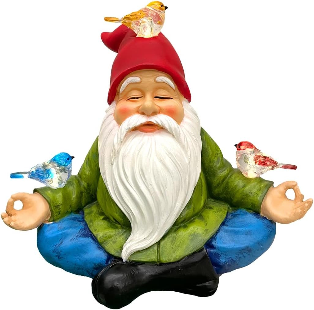 Solar Powered Gnome with Red Hat and 3 Birds, Resin Garden Ornament with LED Light, Lawn Figurine Outdoor Decoration Statue (Gnome with 3 Birds)