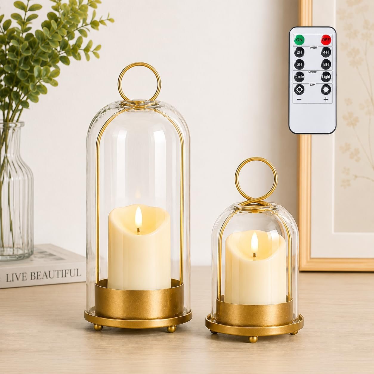 Hurricane Metal Candle Holder Set of 2, 12” & 7.5”, with Handcrafted Glass Dome for Pillar Candle, Plants & 2 Timer Candles for Indoor Outdoor Decor Decorative Table Centerpiece (Vintage, Set of 2)