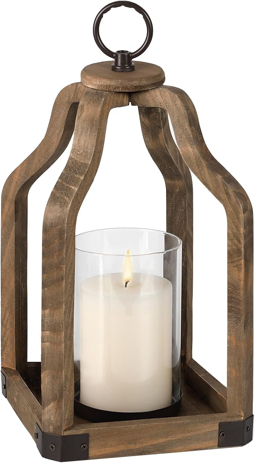 Rustic Wood Lantern Candle Holder for Farmhouse Decor – Indoor and Outdoor Table Centerpiece with Glass Hurricane, 13″ High