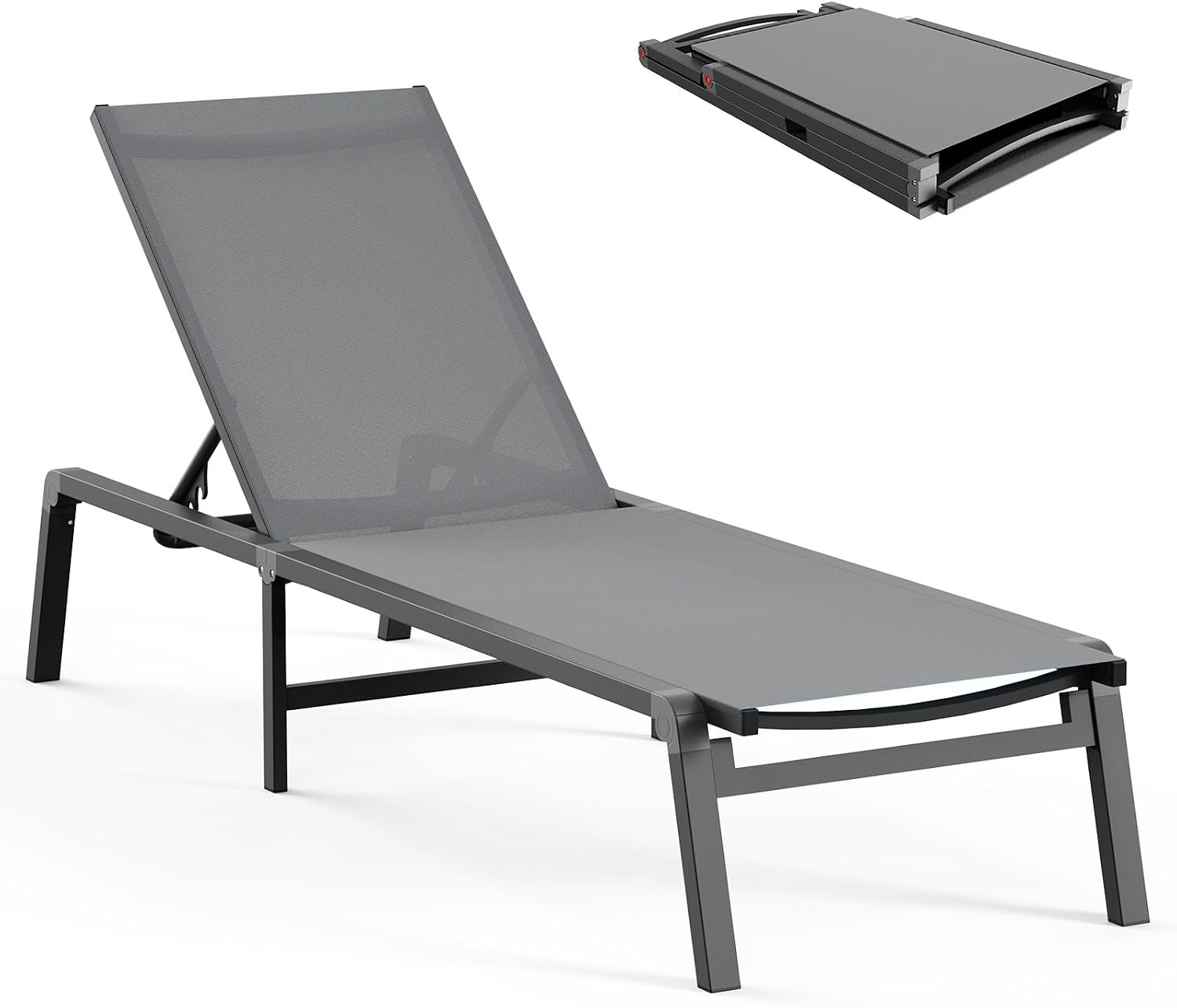 Ciokea Aluminum Chaise Lounge Ourdoor – Foldable & Assemble Free Outdoor Lounge Chair with 5 Adjustable Backrest, Patio Lounge Chair for Outside Poolside Beach Pool, Grey