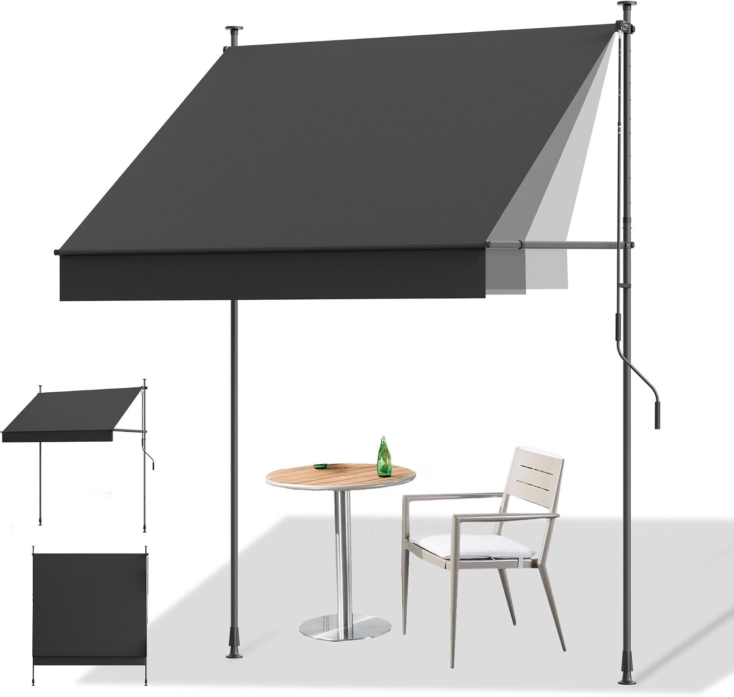 HOMEDEMO Manual Retractable Awning, 138″ W x 118″ H Retractable Side Bar 47-59″, Outdoor Patio Awnings Height Adjustable 82-118″, NO Drilling Awings for Backyard Garden Porch Outside Carbon Gray