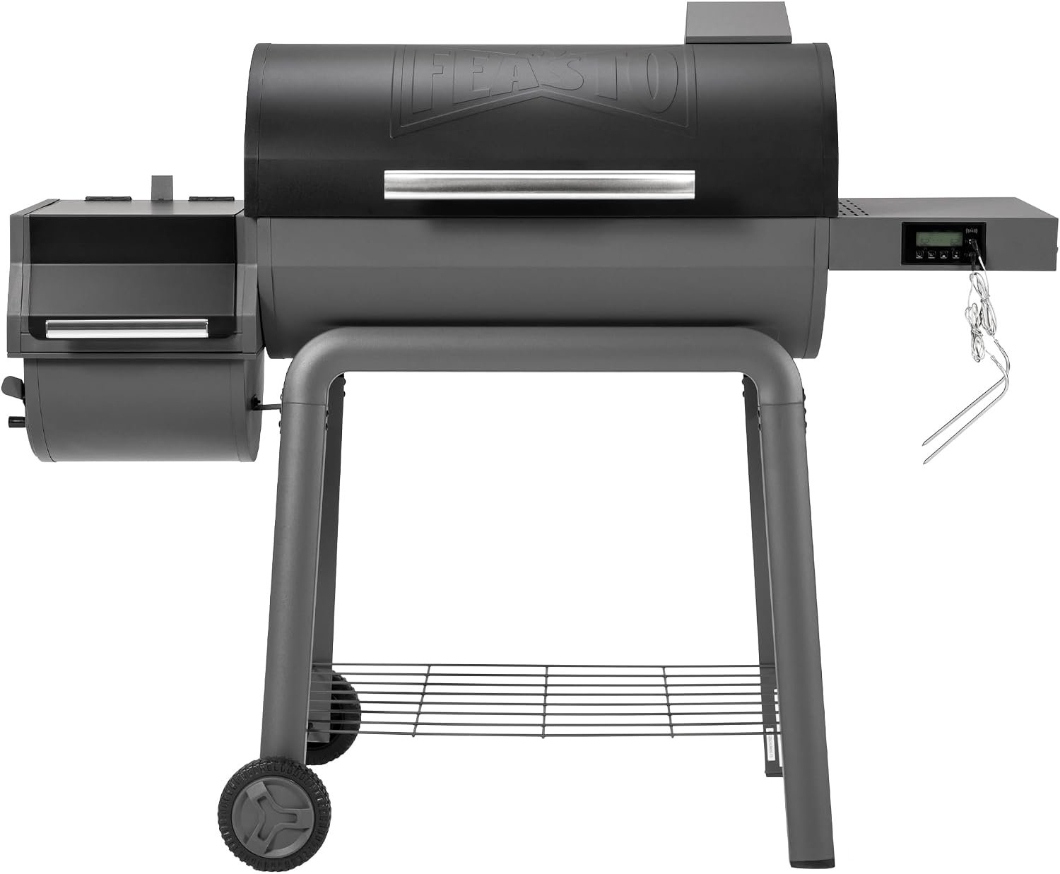 Feasto 30” Heavy-Duty Charcoal Grill, Digital Temp Control & 2 Meat Probes | Outdoor BBQ Grill with Offset Smoker, 831 Sq. In. Cooking Space for Backyard BBQ, Black & Grey