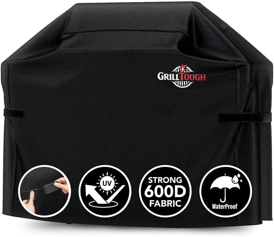 GrillTough Heavy Duty BBQ Grill Cover for Outdoor Grill, 58 Inch – Waterproof, Weather Resistant, UV & Fade Resistant with Adjustable Straps – Gas Grill Cover for Weber, Genesis, Charbroil, etc. Black