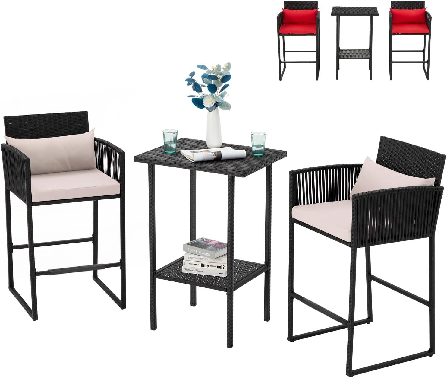 AVAWING 3PCS Patio Wicker Bar Set, Outdoor Bistro Set for 2, Rattan Barstool Furniture, Height Counter Table and Chairs for Backyard, Poolside, Balcony, Steel Frame w/Extra Cushion Covers Beige