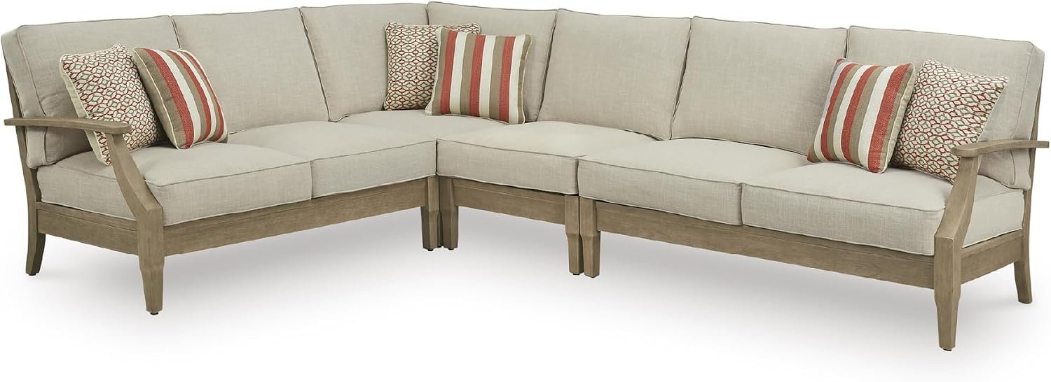 Signature Design by Ashley 4-Piece L-Shape Outdoor Sectional, Wood, Beige | Wood patio furniture set, Eucalyptus frame, Solution-dyed Nuvella fabric, All-weather foam cushions, Clare View Series